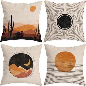 Boho Abstract Sun Moon Sea Sunset Sunrise Line Mountain Throw Pillow Covers